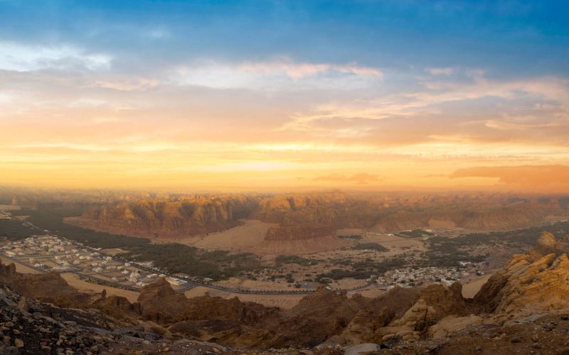 Evening view of Al Ula old town from the Harrat viewpoint.