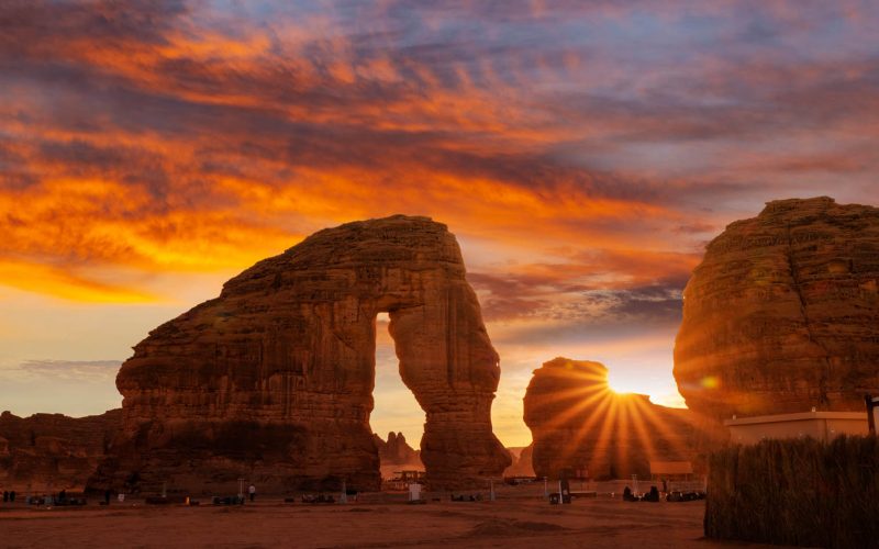 Elephant rock outcrop geological formation at Sunset near Al Ula