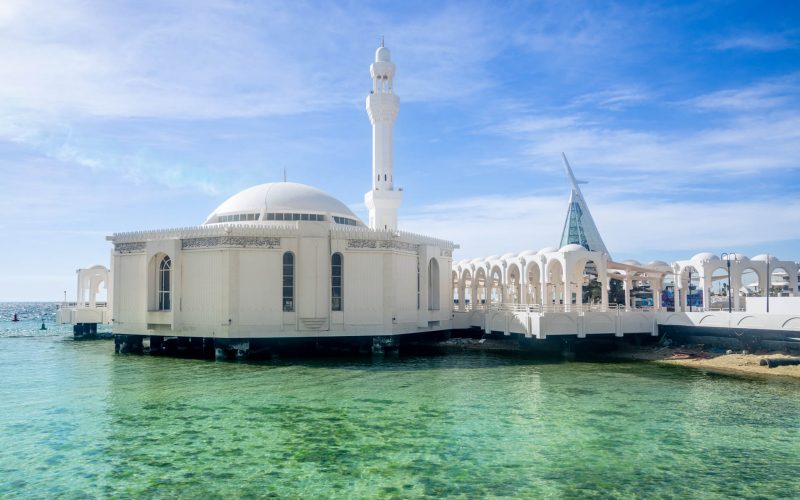 Alrahmah floating mosque with sea in foreground, Jeddah, Saudi Arabia