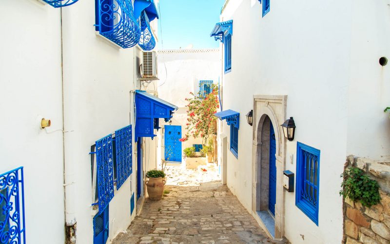 White-blue city of Sidi Bou Said, Tunisia. Eastern fairy tale with a French charm.